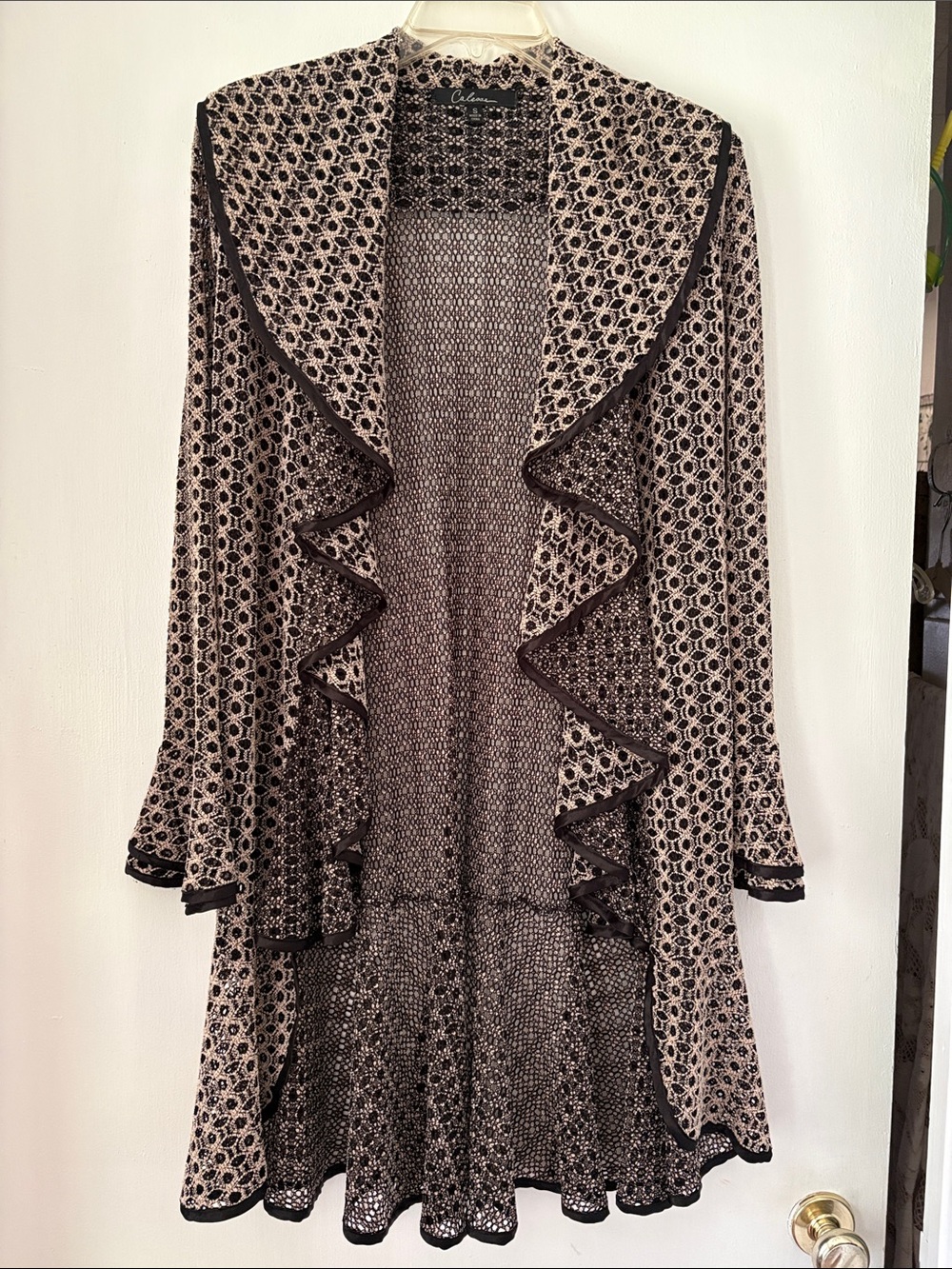 CALESSA Charming Open-Knit Ruffle Cardigan - Black & Cream